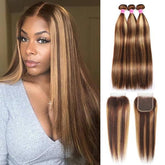 Highlight Color Straight Hair 3 Bundles with 4x4 Lace Closure - MeetuHair